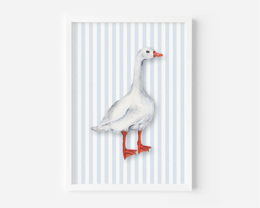 A framed art print featuring a white goose with orange-red beak and legs, standing against a background of light blue and white vertical stripes, set in a white frame.
