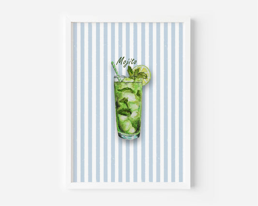 A framed art print featuring a watercolour illustration of a mojito cocktail in a tall glass with mint leaves, ice, a lime wheel and a striped straw, set against a background of vertical light blue and white stripes. The print is shown in a white frame.
