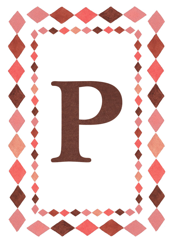 Watercolour letter P art print in warm brown with a double harlequin diamond border in coral pink, blush and brown on a white background.