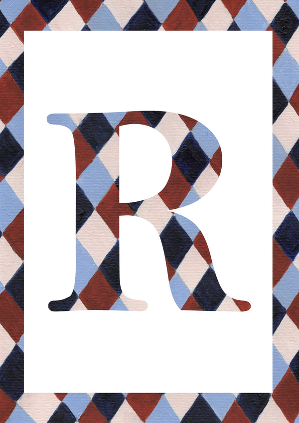 Letter R alphabet watercolour art print with a pale blue, navy, warm brown and cream harlequin-patterned serif R and matching diamond border on a white background.