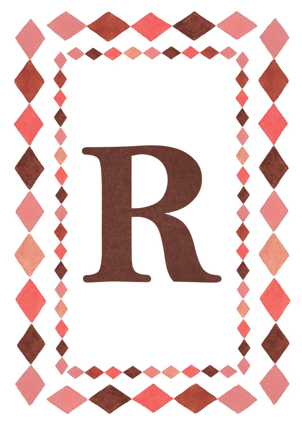 Watercolour letter R art print in warm brown with a double harlequin diamond border in coral pink, blush and brown on a white background.