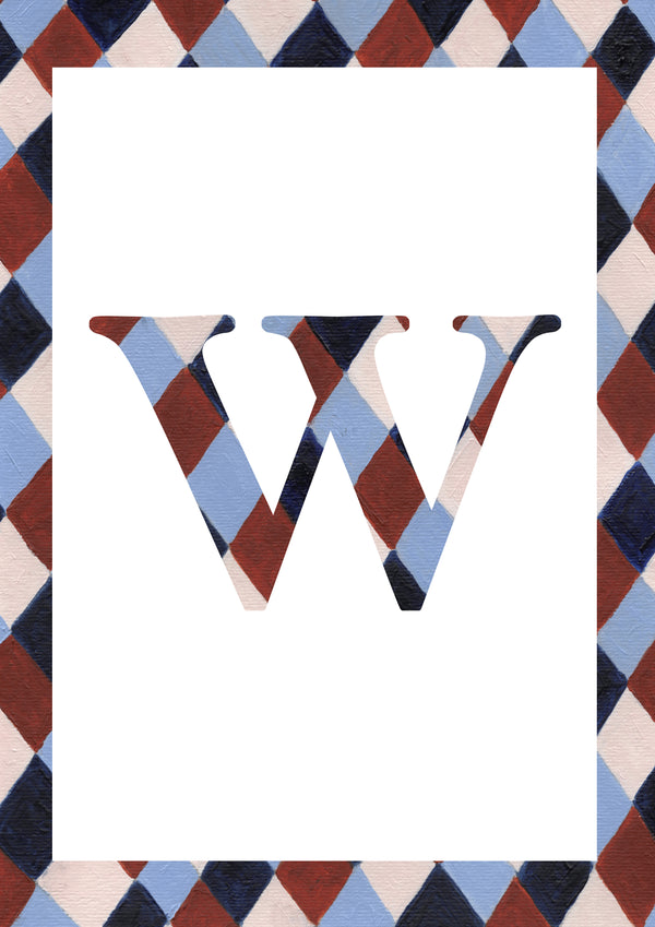 Letter W alphabet watercolour art print with a pale blue, navy, warm brown and cream harlequin-patterned serif W and matching diamond border on a white background.