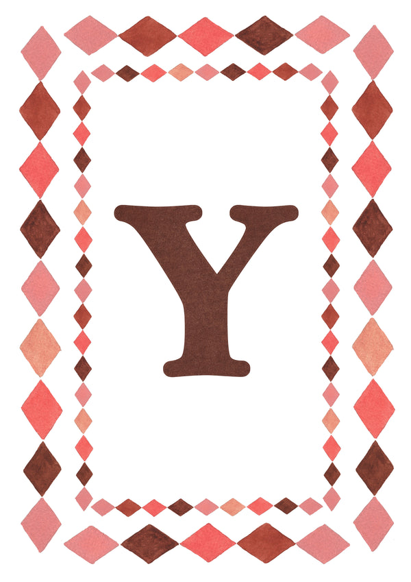 Watercolour letter Y art print in warm brown on a white background, with a double harlequin diamond border in coral pink, blush and brown.