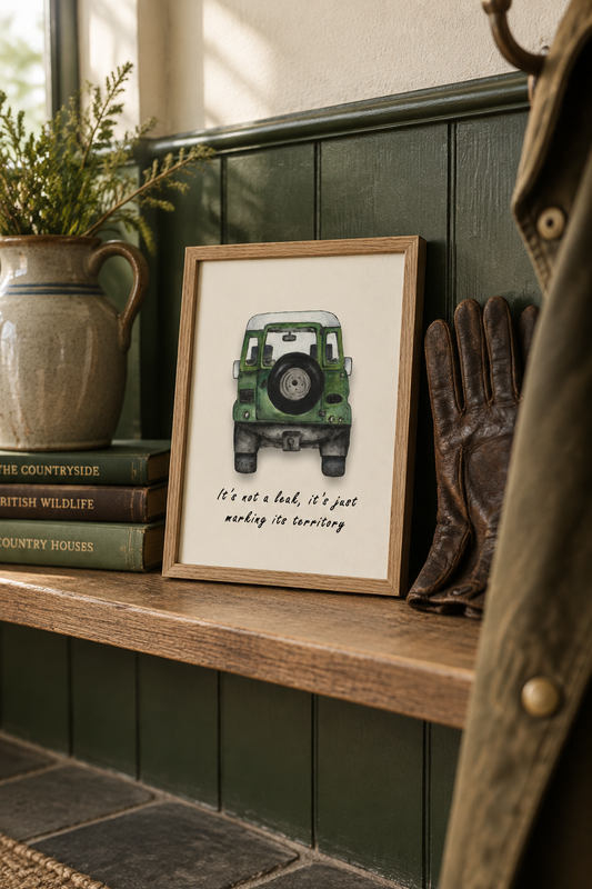 Marking Its Territory watercolour art print in an A5 oak frame, propped on a boot room shelf against green panelling beside a stoneware jug and books, showing a green classic 4x4 with hand-lettered text.