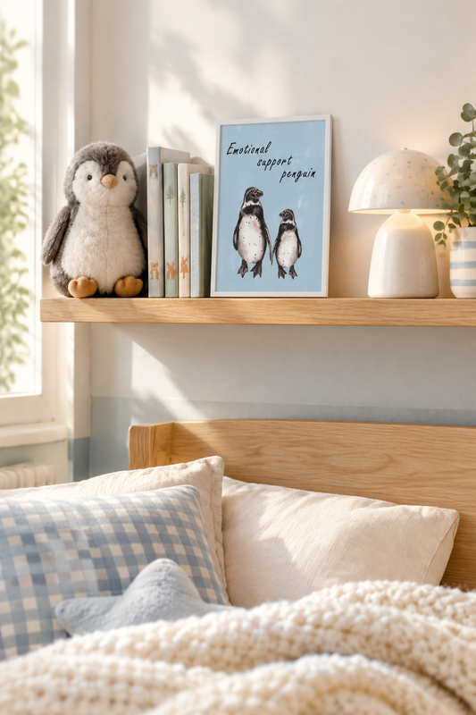 A cozy bedroom scene with a wooden shelf holding a penguin plush toy, books, a framed print reading 'Emotional support penguins,' a small lamp, and a potted plant. The foreground shows a bed with cream bedding, a blue-and-white check pillow, and a soft knit blanket.