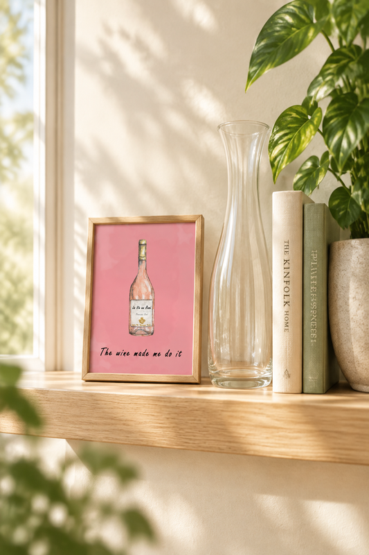 A5 rosé print on a shelf with books, clear glass and a plant