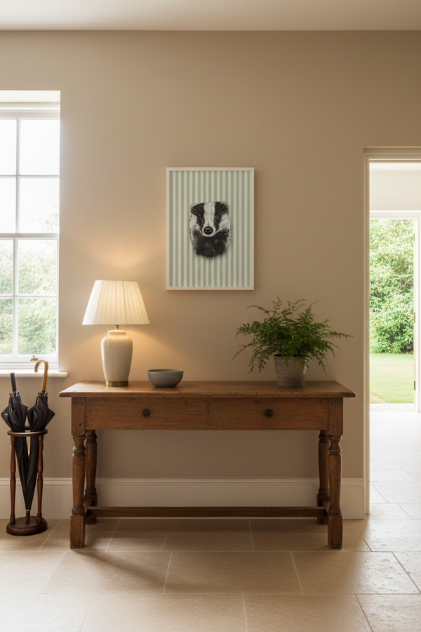 BADGER green stripe art print in a white bobbin frame, styled above an antique oak console in a bright English country hallway.