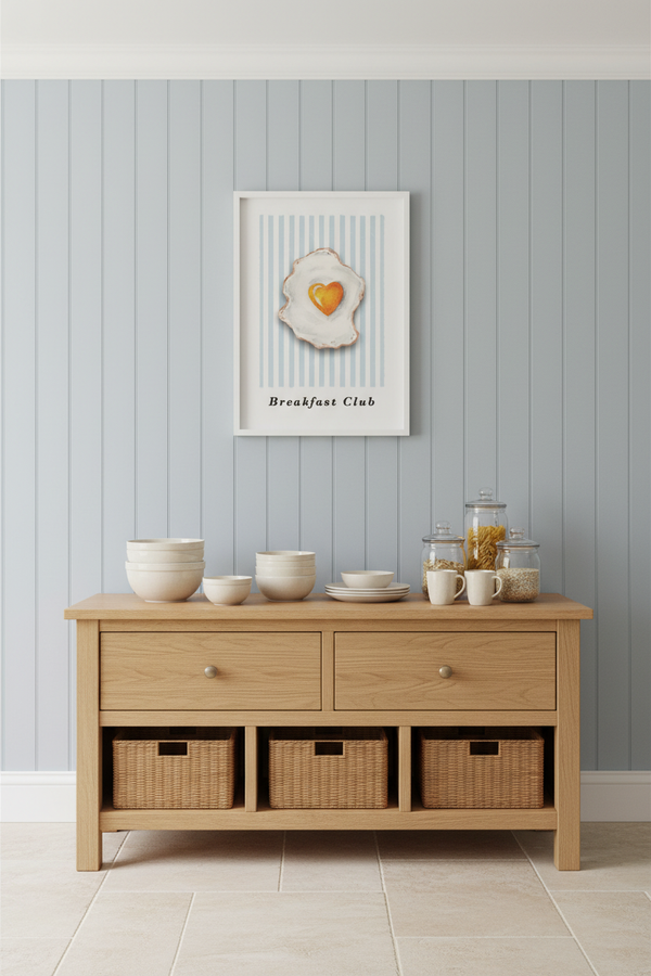 Blue BREAKFAST CLUB art print in a white bobbin frame, styled in a light blue English pantry with oak shelving and cream ceramics.