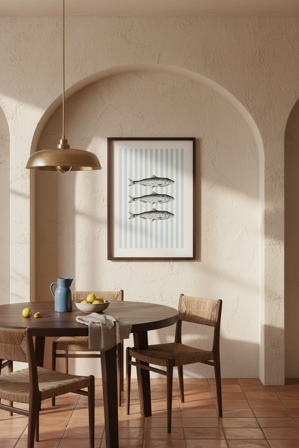 A framed art print featuring four striped fish, hung on a textured beige wall in a dining room setting with a wooden table, chairs, and a hanging pendant light.