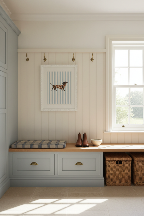 A bright, sunlit entryway or mudroom featuring a built-in bench with pale blue drawers, a wooden seat, a plaid cushion, wicker baskets, wall hooks, and a framed dog print on a cream paneled wall.