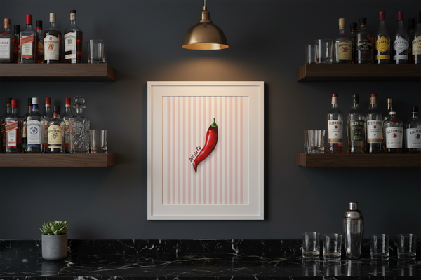 A framed wall art print featuring a single red chili pepper on a pale pink striped background, displayed in a bar setting with liquor bottles on shelves and a dark countertop.