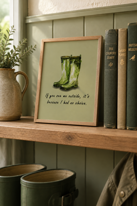 If You See Me Outside watercolour art print in an A5 oak frame, propped on a boot room shelf against sage green panelling beside a stoneware jug and books, showing green wellington boots with hand-lettered text.