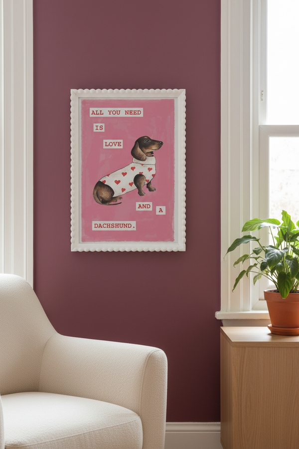 A framed art print featuring a dachshund in a heart-patterned sweater on a pink background, hanging on a dusty rose wall in a styled room with a cream armchair and a potted plant.