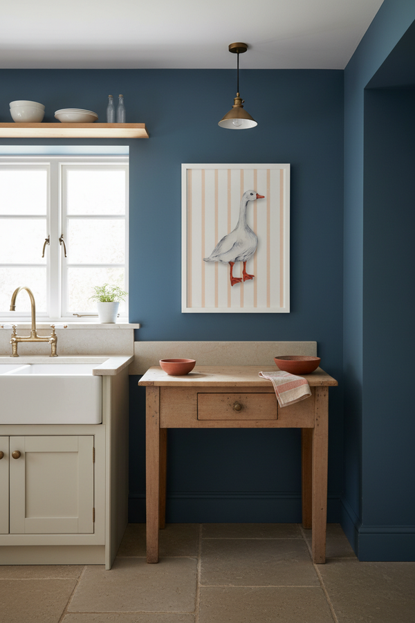 A framed art print of a white goose with red legs on a cream and orange striped background, hanging on a dark blue wall in a kitchen setting next to a wooden table and farmhouse sink.