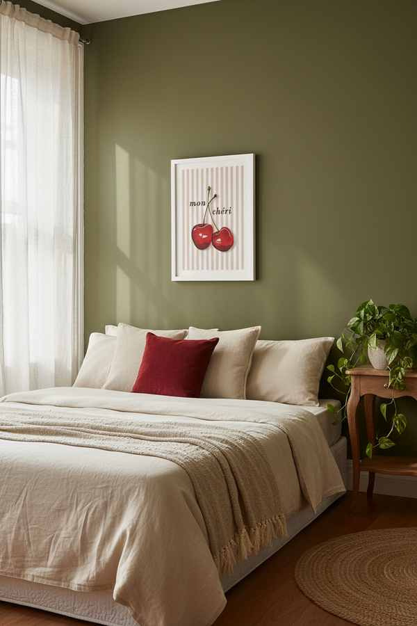 A styled bedroom interior with a bed dressed in cream bedding and a red accent pillow, set against an olive green wall. A framed cherry artwork hangs above the bed, with a wooden side table, potted plant, sheer curtains, and a round woven rug visible.
