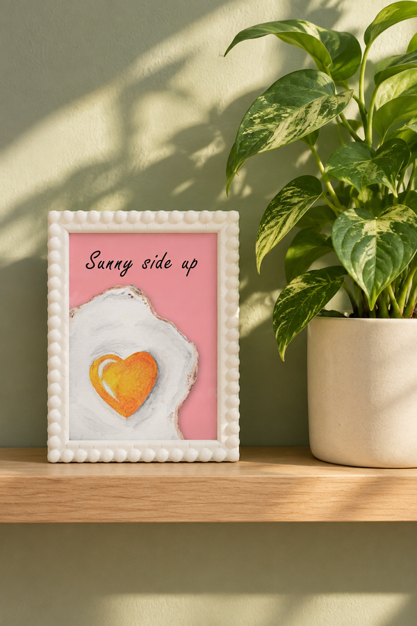 Sunny Side Up A5 egg print in a white bobble frame on an oak kitchen shelf beside a leafy plant in a cream pot, with sunlight casting soft shadows across a sage wall.
