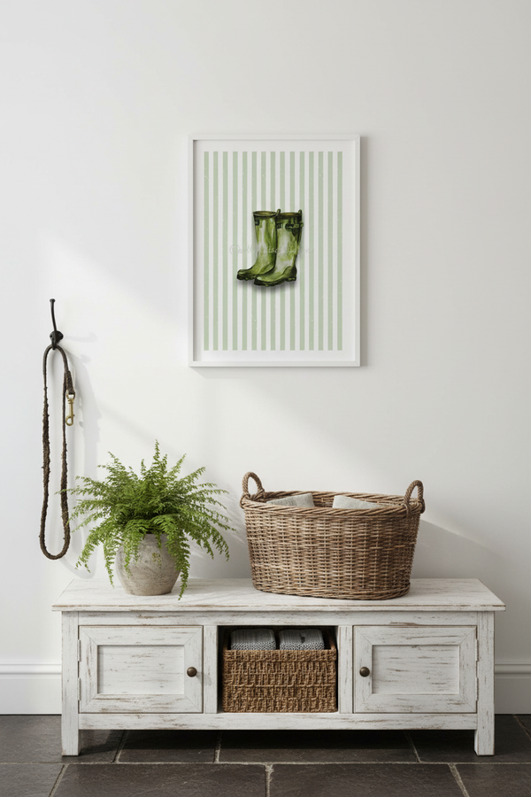 A framed art print featuring a green rain boot on a light green and white striped background, styled on a white wooden console table with a potted fern and a wicker basket in a bright room.