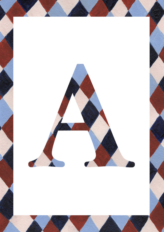 A decorative letter A monogram in a vintage serif font, filled with a red, navy, and beige harlequin pattern, centered on a white background with a matching patterned border.