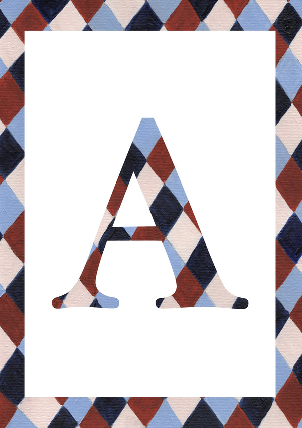 A decorative letter A monogram in a vintage serif font, filled with a red, navy, and beige harlequin pattern, centered on a white background with a matching patterned border.