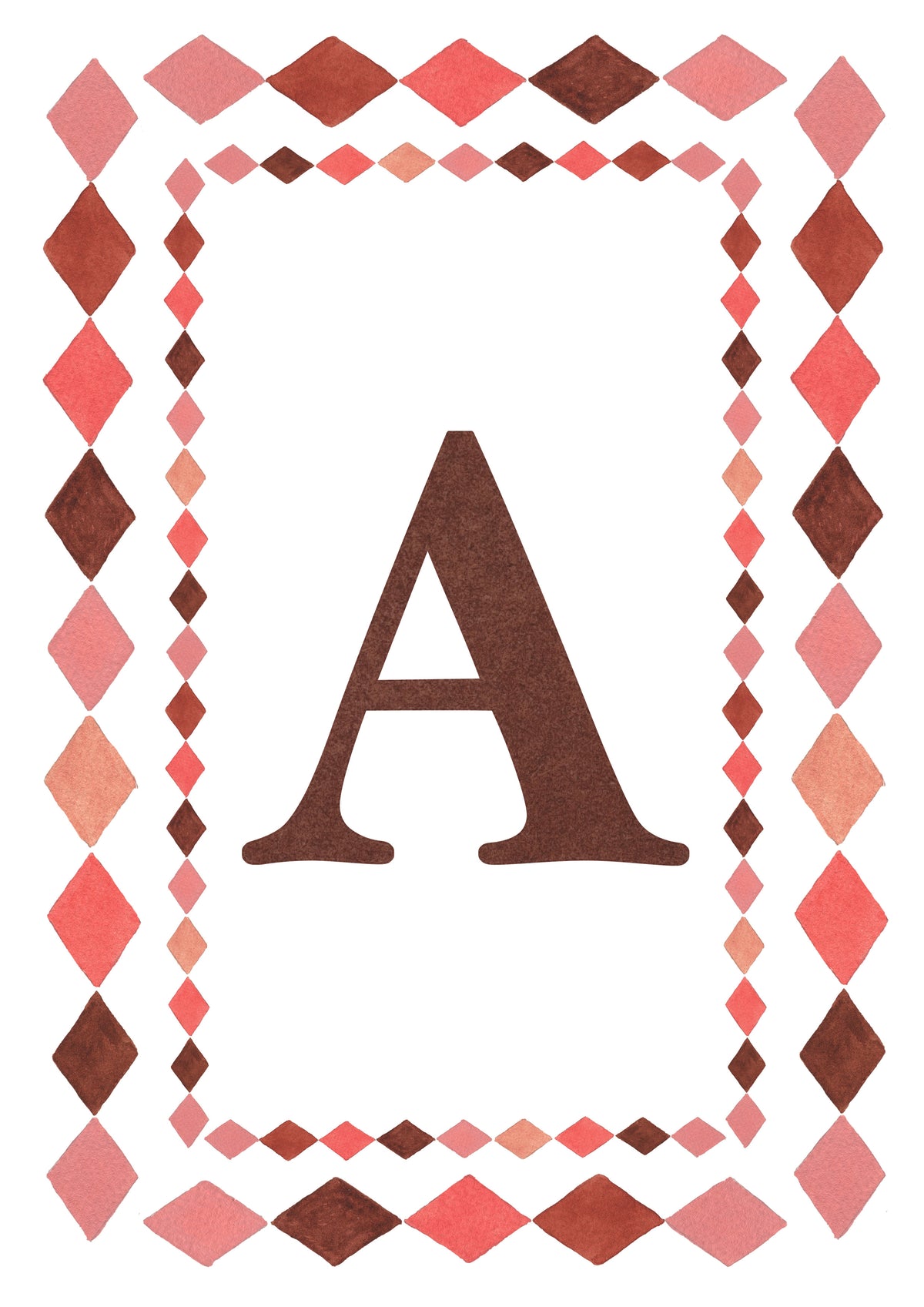 Watercolour letter A art print in warm brown with a double harlequin diamond border in coral pink, blush and brown on a white background.