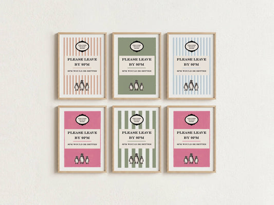 Six framed 'Please Leave By 5 PM' penguin-themed posters arranged in a 2x3 grid on a textured off-white wall. The frames and backgrounds alternate between beige, sage green, and dusty pink, with black text and penguin illustrations.