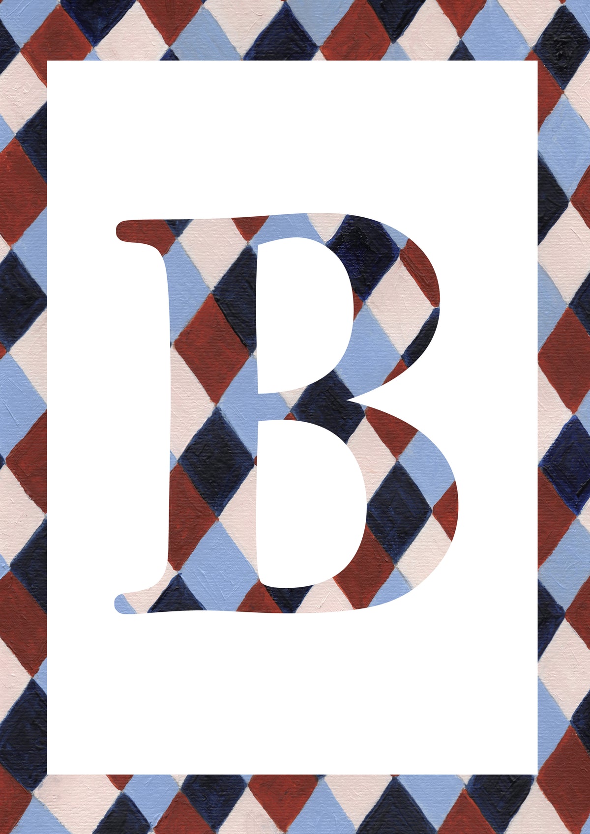 A decorative letter B with a hand-painted argyle pattern in navy, dusty blue, burgundy, and cream, set against a solid white rectangular background with a matching argyle border.