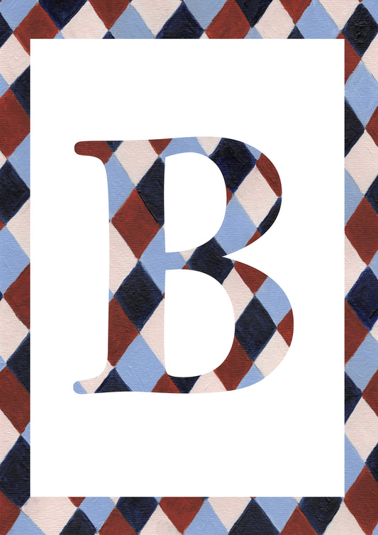 A decorative letter B with a hand-painted argyle pattern in navy, dusty blue, burgundy, and cream, set against a solid white rectangular background with a matching argyle border.
