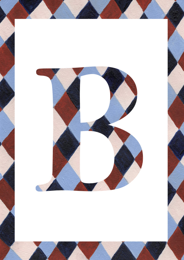 A decorative letter B with a hand-painted argyle pattern in navy, dusty blue, burgundy, and cream, set against a solid white rectangular background with a matching argyle border.