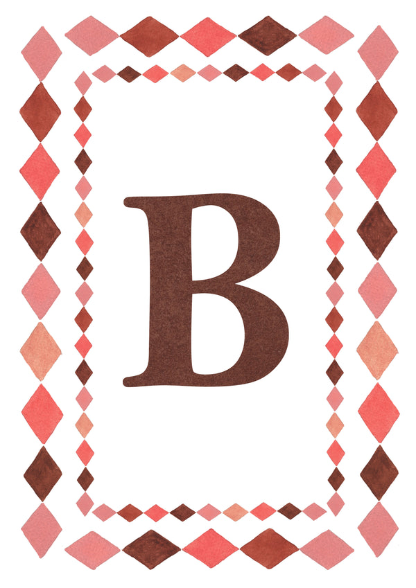 Watercolour letter B art print in warm brown with a double harlequin diamond border in coral pink, blush and brown on a white background.