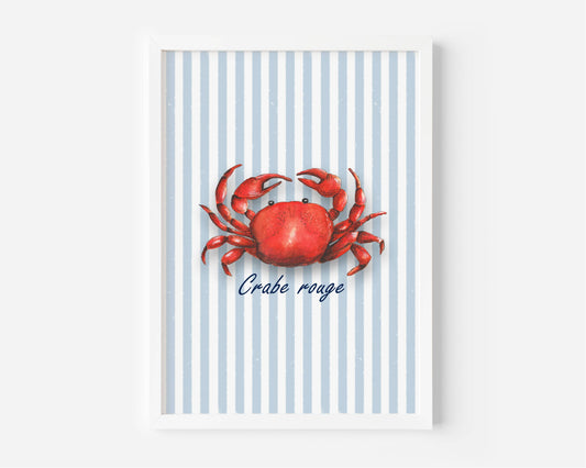 A framed nautical art print featuring a red crab on a background of light blue and white vertical stripes, with the French text 'Crabe rouge' written below in navy blue script. The print is housed in a clean white frame and is displayed against a neutral light gray wall.