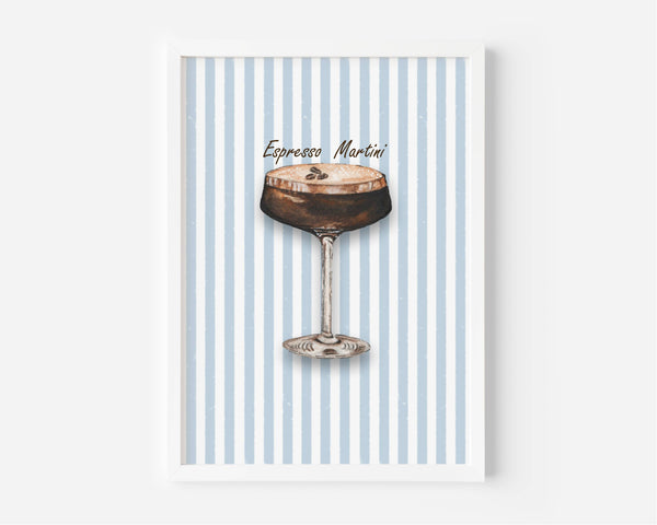 A framed art print featuring an illustration of an Espresso Martini cocktail against a light blue and white striped background, displayed on a clean white wall.