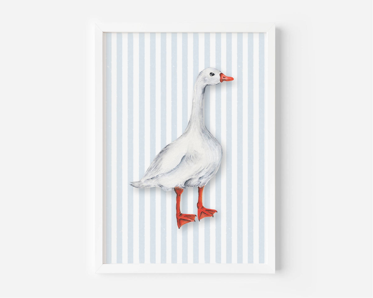A framed art print featuring a white goose with orange-red beak and legs, standing against a background of light blue and white vertical stripes, set in a white frame.