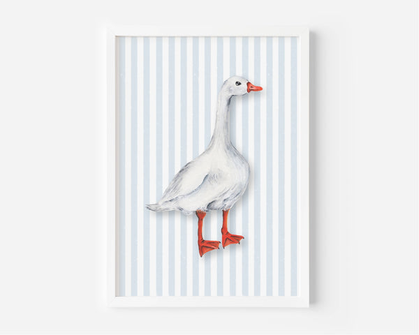 A framed art print featuring a white goose with orange-red beak and legs, standing against a background of light blue and white vertical stripes, set in a white frame.