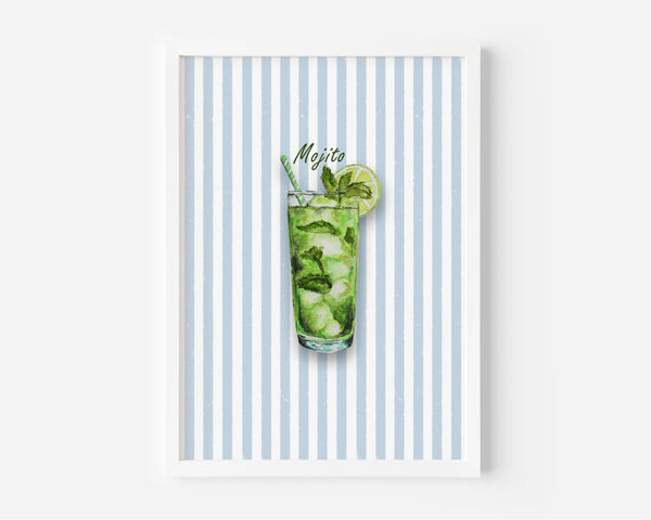 A framed art print featuring a watercolour illustration of a mojito cocktail in a tall glass with mint leaves, ice, a lime wheel and a striped straw, set against a background of vertical light blue and white stripes. The print is shown in a white frame.