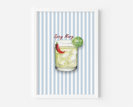 A framed art print featuring a watercolor illustration of a 'Spicy Marg' cocktail with a lime wheel and chili pepper, set against a light blue and white striped background.