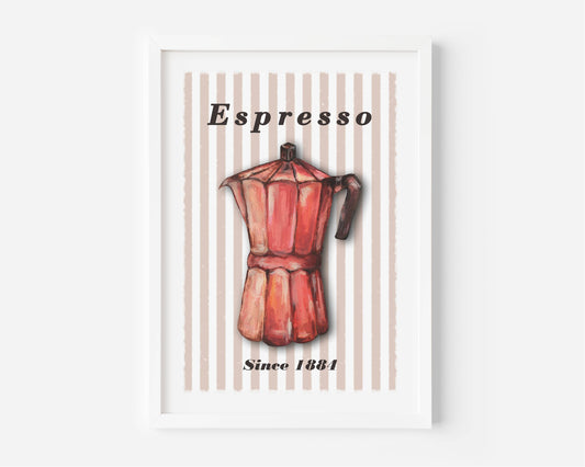 A framed wall art print featuring a vintage-style red espresso moka pot on a white background with vertical blush stripes and the words 'Espresso' and 'Since 1881'.