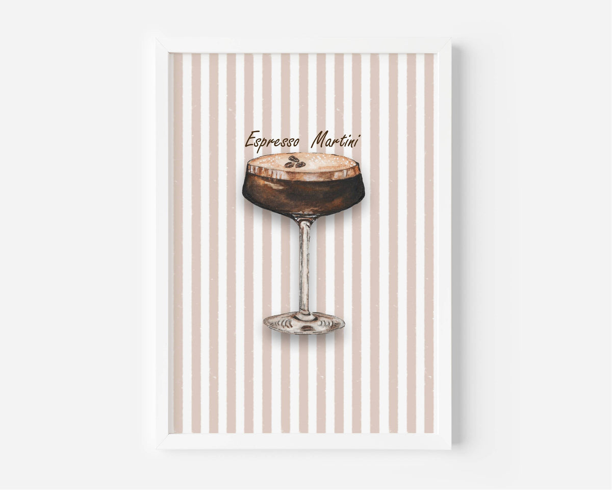 A framed art print featuring an illustration of an Espresso Martini cocktail on a background of vertical beige and white stripes, displayed against a clean white wall.