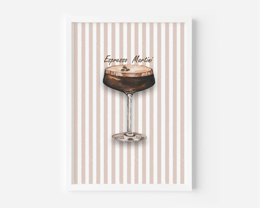 A framed art print featuring an illustration of an Espresso Martini cocktail on a background of vertical beige and white stripes, displayed against a clean white wall.
