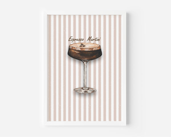 A framed art print featuring an illustration of an Espresso Martini cocktail on a background of vertical beige and white stripes, displayed against a clean white wall.