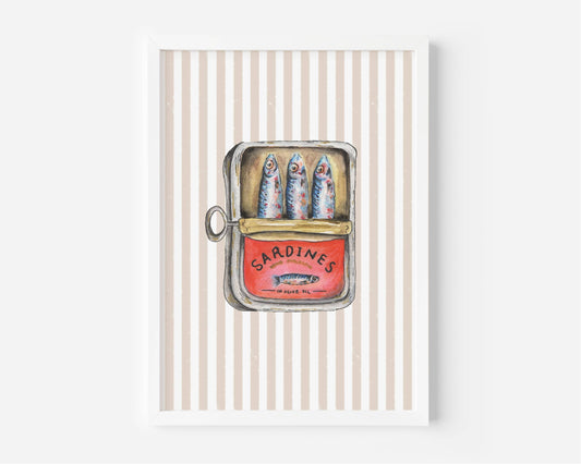 A framed art print featuring a whimsical illustration of an open sardine tin with three sardines, set against a background of vertical beige and white stripes.