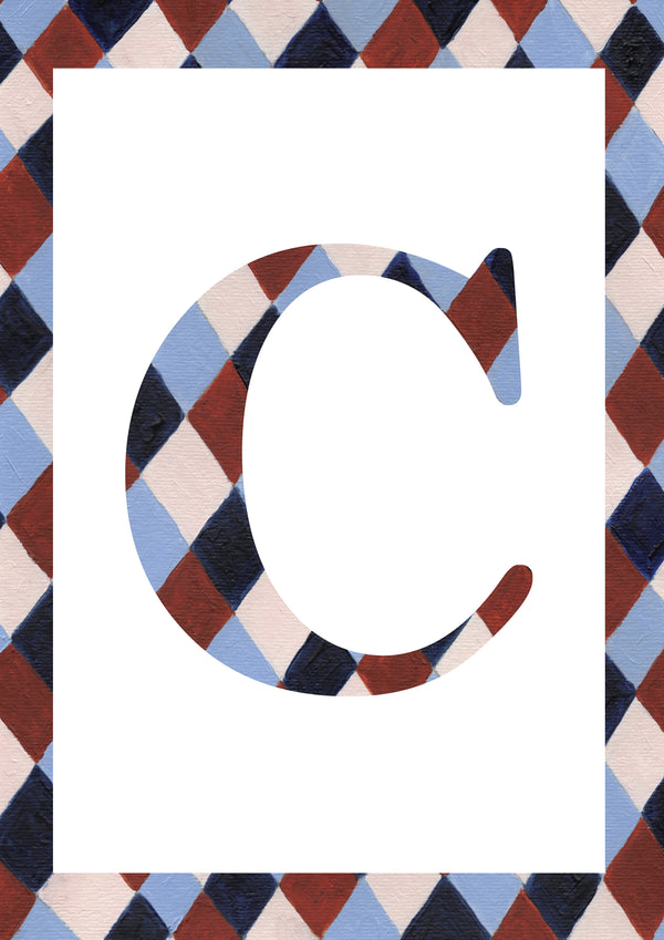 A decorative letter C monogram featuring a harlequin diamond pattern in navy, burgundy, light blue, and cream, set against a white rectangular background with a matching patterned border.