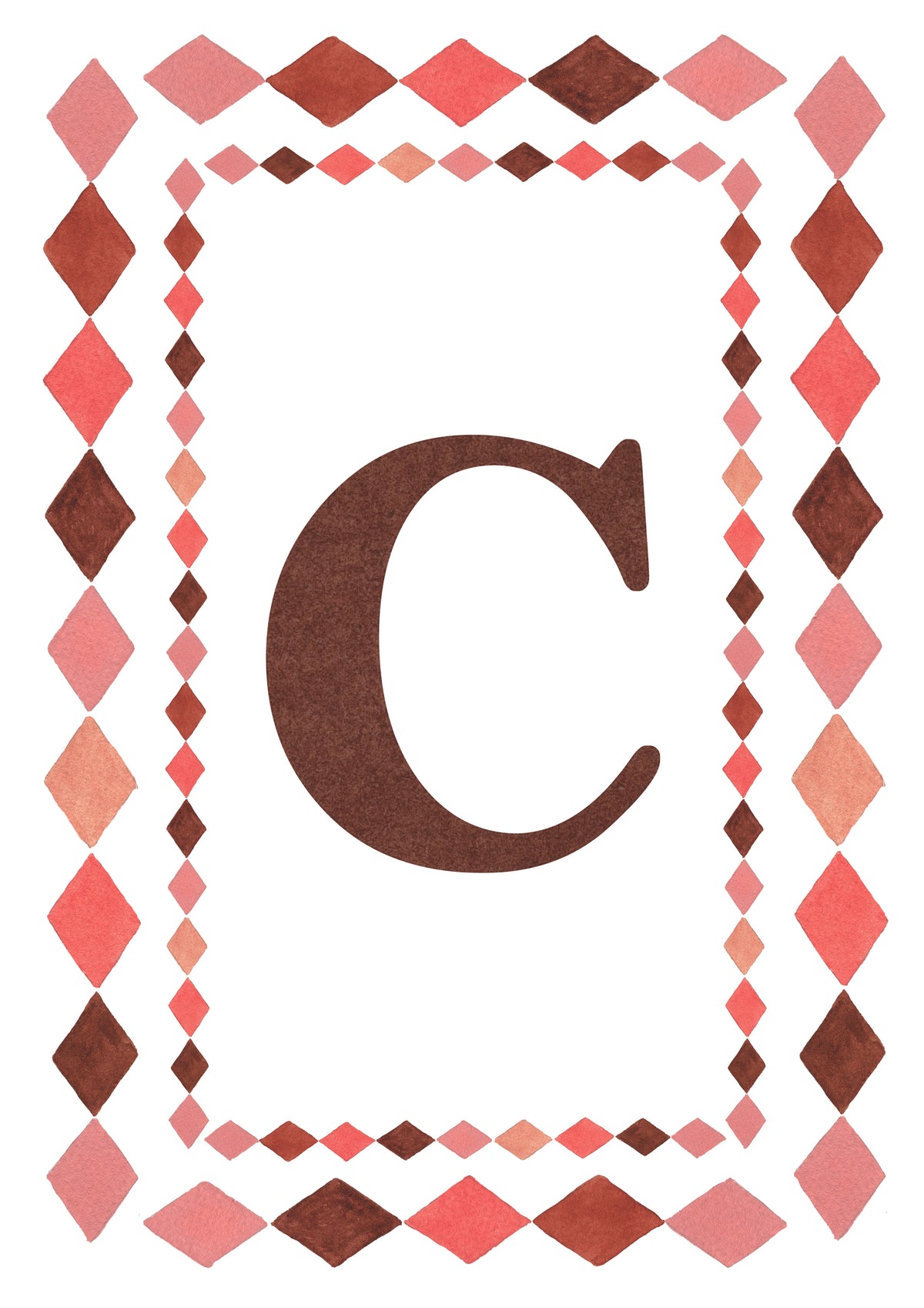 Watercolour letter C art print in warm brown with a double harlequin diamond border in coral pink, blush and brown on a white background.