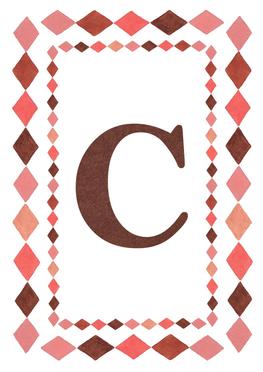 Watercolour letter C art print in warm brown with a double harlequin diamond border in coral pink, blush and brown on a white background.