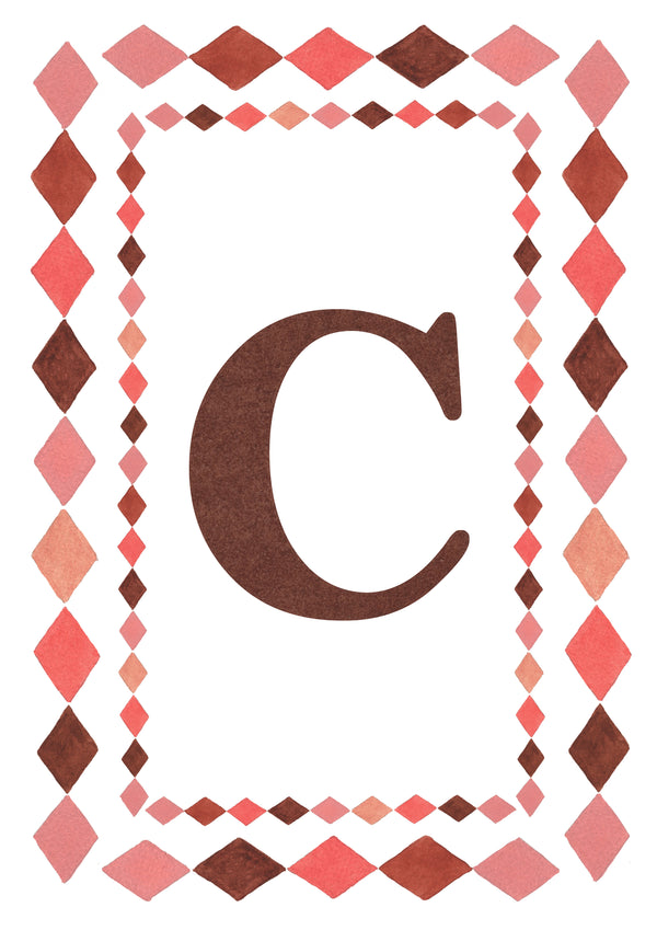 Watercolour letter C art print in warm brown with a double harlequin diamond border in coral pink, blush and brown on a white background.