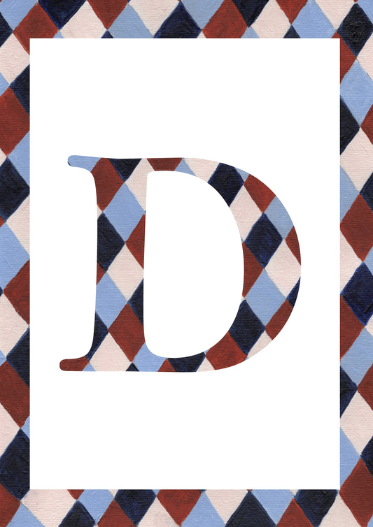 Letter D alphabet watercolour art print with a pale blue, navy, warm brown and cream harlequin-patterned serif D and matching diamond border on a white background.