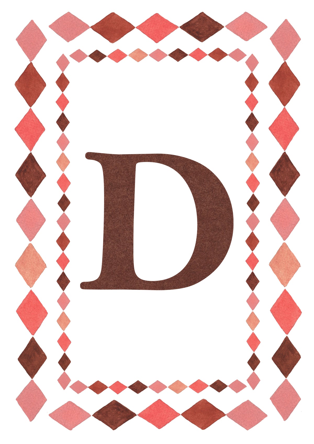 Watercolour letter D art print in warm brown with a double harlequin diamond border in coral pink, blush and brown on a white background.