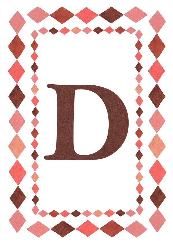 Watercolour letter D art print in warm brown with a double harlequin diamond border in coral pink, blush and brown on a white background.