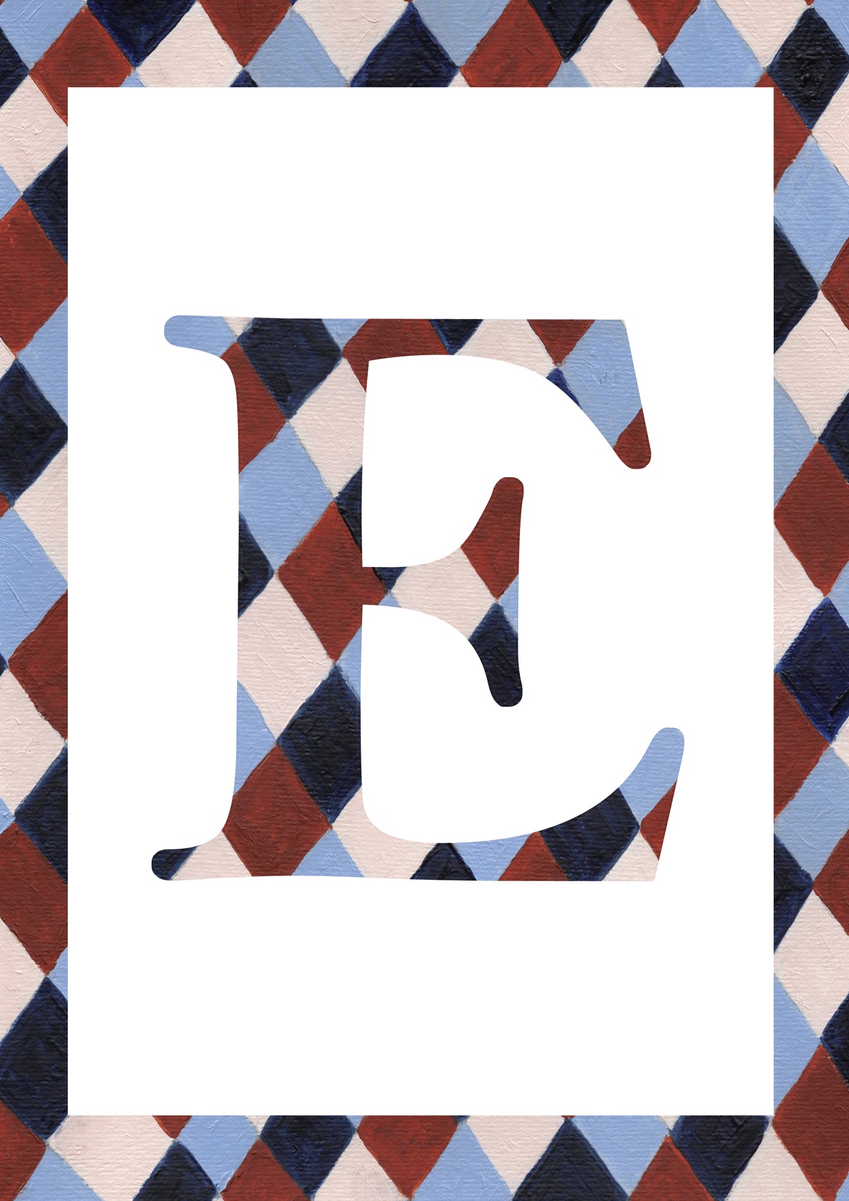 Letter E alphabet watercolour art print with a pale blue, navy, warm brown and cream harlequin-patterned serif E and matching diamond border on a white background.