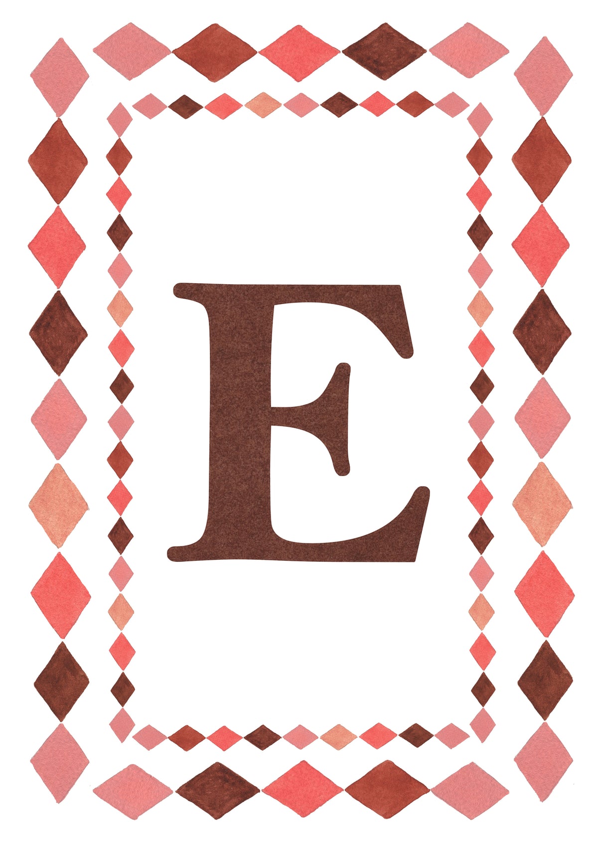 Watercolour letter E art print in warm brown with a double harlequin diamond border in coral pink, blush and brown on a white background.