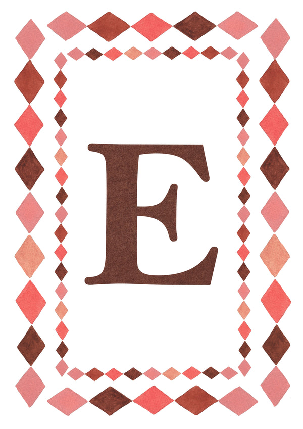 Watercolour letter E art print in warm brown with a double harlequin diamond border in coral pink, blush and brown on a white background.